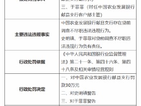 中国农业发展银行献县支行被罚30万元：因贷前调查不尽职