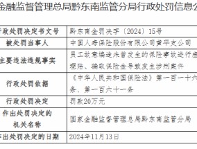 中国人寿黄平支公司被罚20万元：员工故意编造未曾发生的保险事故进行虚假理赔、骗取保险金导致发生涉刑案件