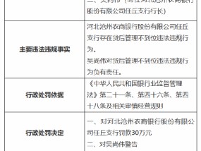 河北沧州农商银行任丘支行被罚30万元：因贷后管理不到位