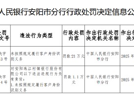 安阳珠江村镇银行被罚21万元：未按照规定履行客户身份识别义务