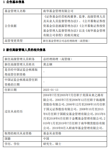 南华基金新任黄志钢、颜江伟为总经理助理